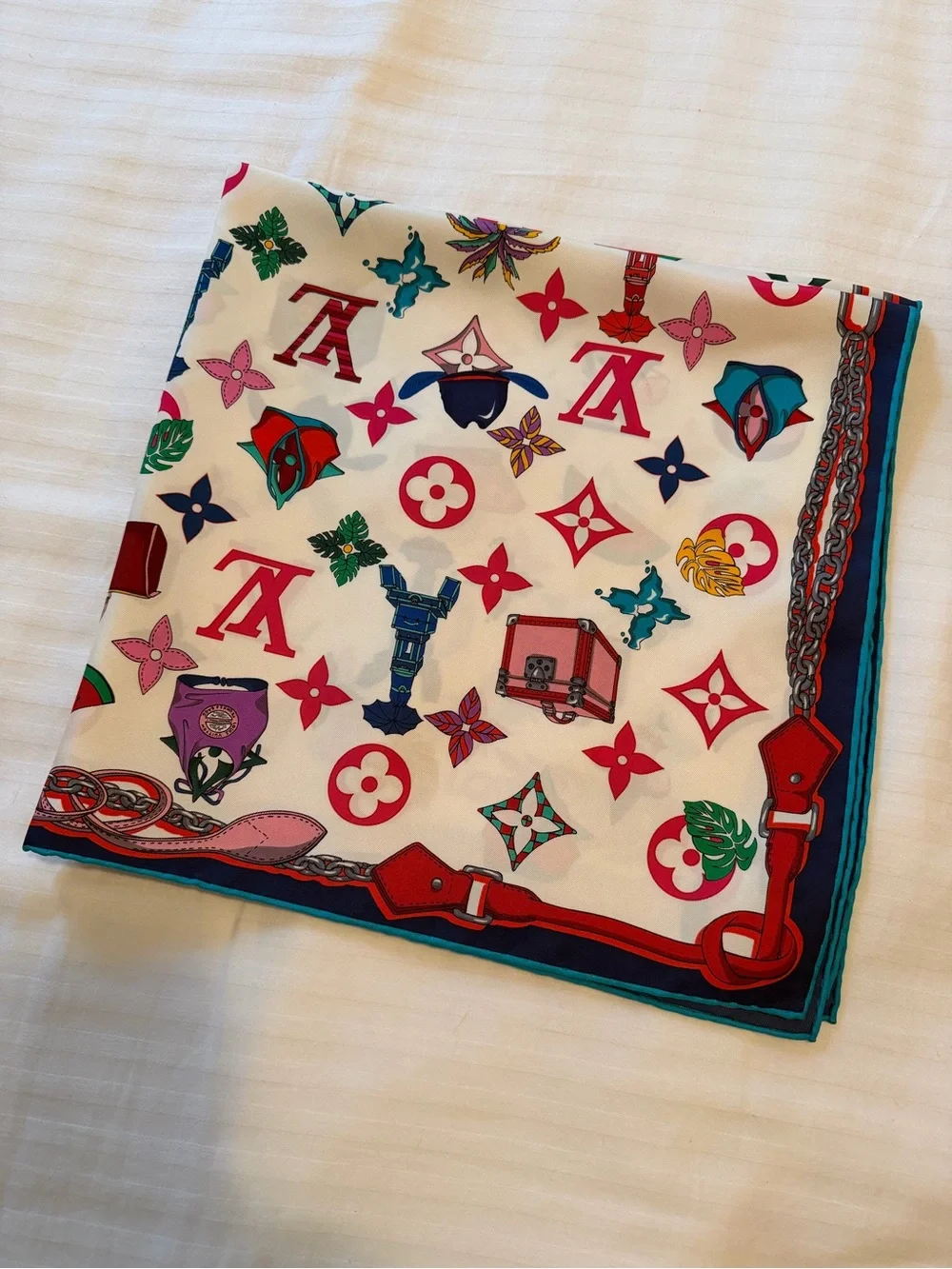 Authentic Louis Vuitton White Multicolor Silk Logo-Print Scarf